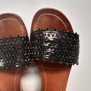 Tory Burch Black Patent Leather Cutout Floral Slip-on Wedge